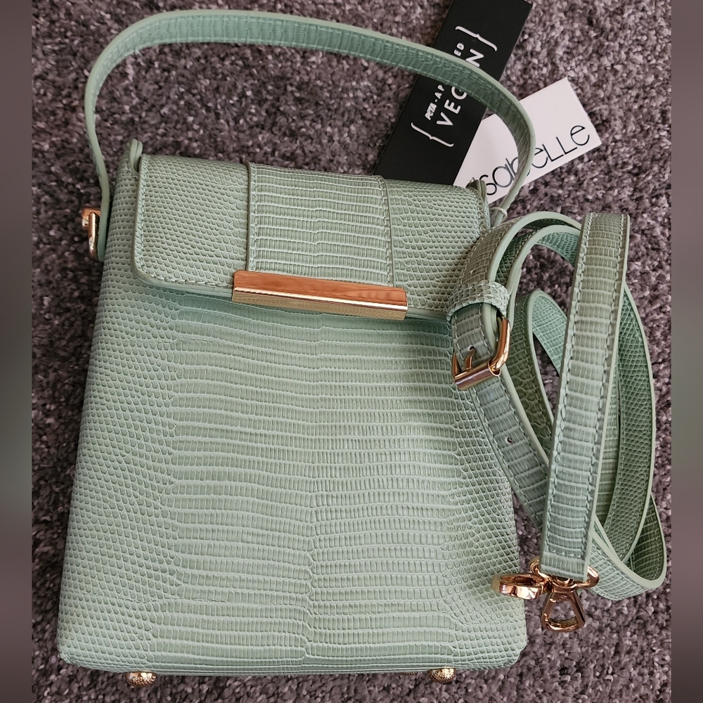 Isabelle faux lizard embossed handbag, purse crossbody seafoam green & gold-tone